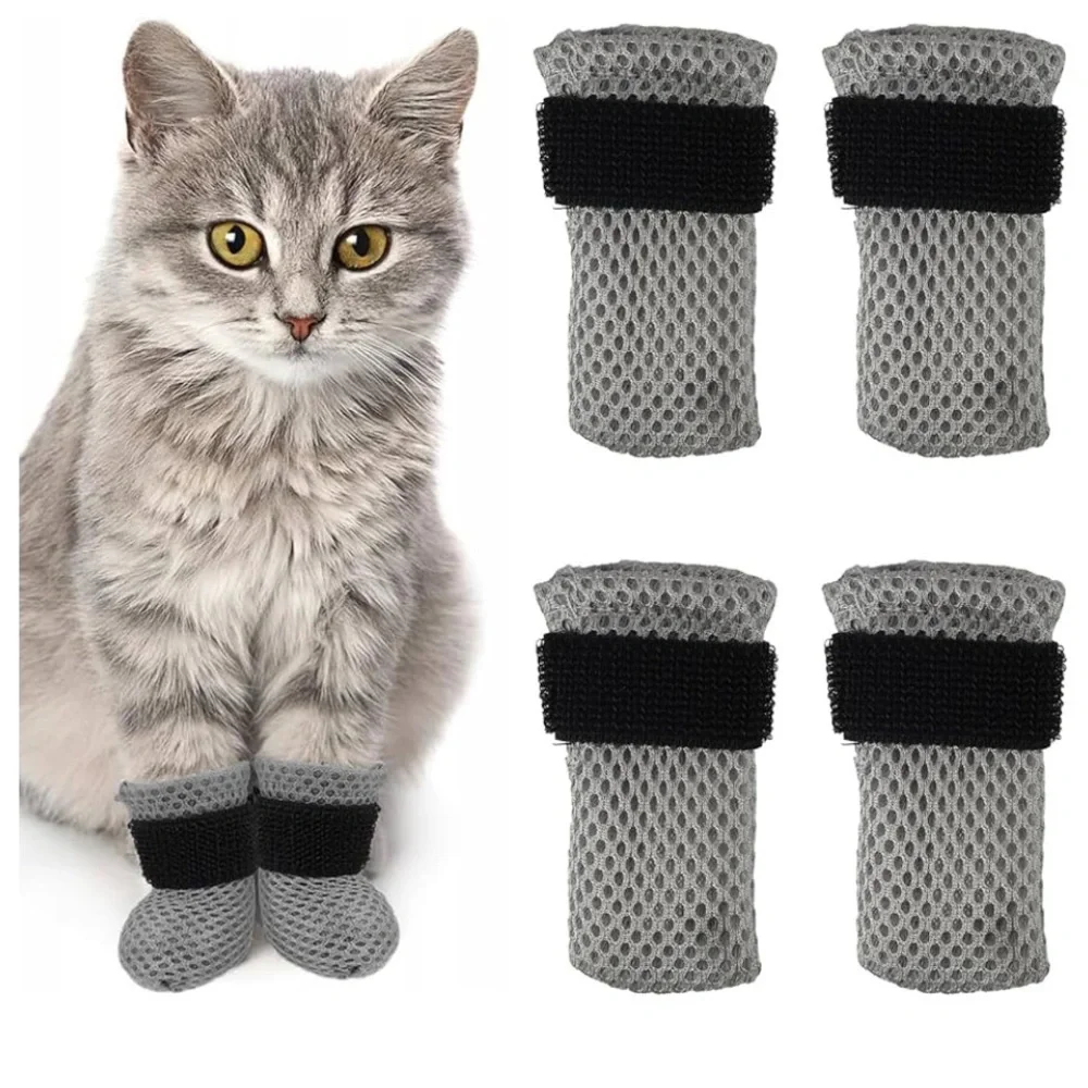 4 PCS Cat Mittens XS Gray Bootie Prevent Scratching Mesh Breathable Kitten Shoes